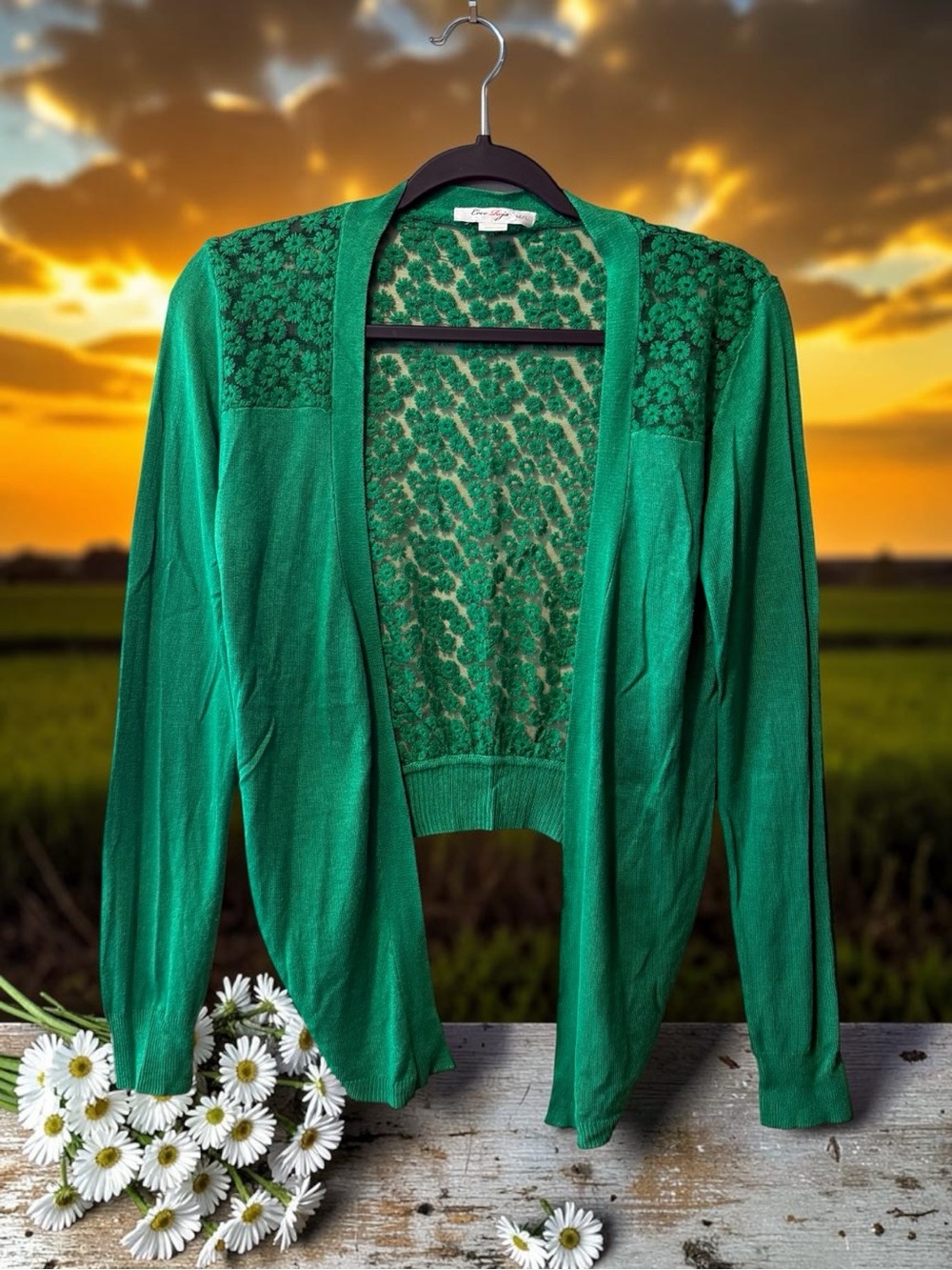 Coco Roja Green Open Front Knit Cardigan with Embroidered Floral Lace Back